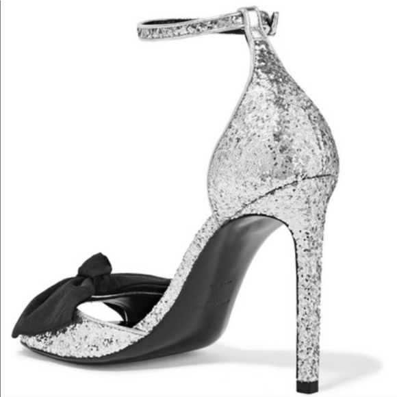 Saint Laurent Silver Glitter Heels with Bow Detail - Picture 3 of 8